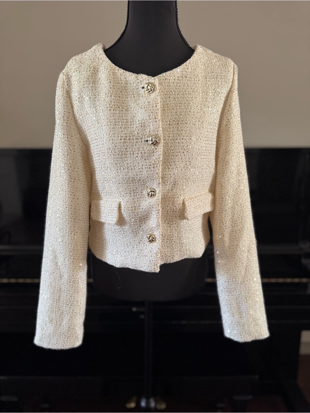 Love Tree Cream Sparkle Tweed Cropped Blazer